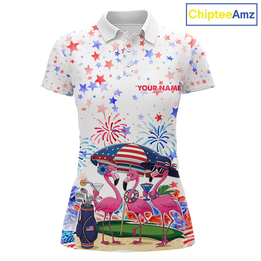 Women's patriotic golf polo mockup featuring American Flag and pink flamingo artwork, custom golf apparel for women's golf tournaments, 4th of July golf outings and country clubs.