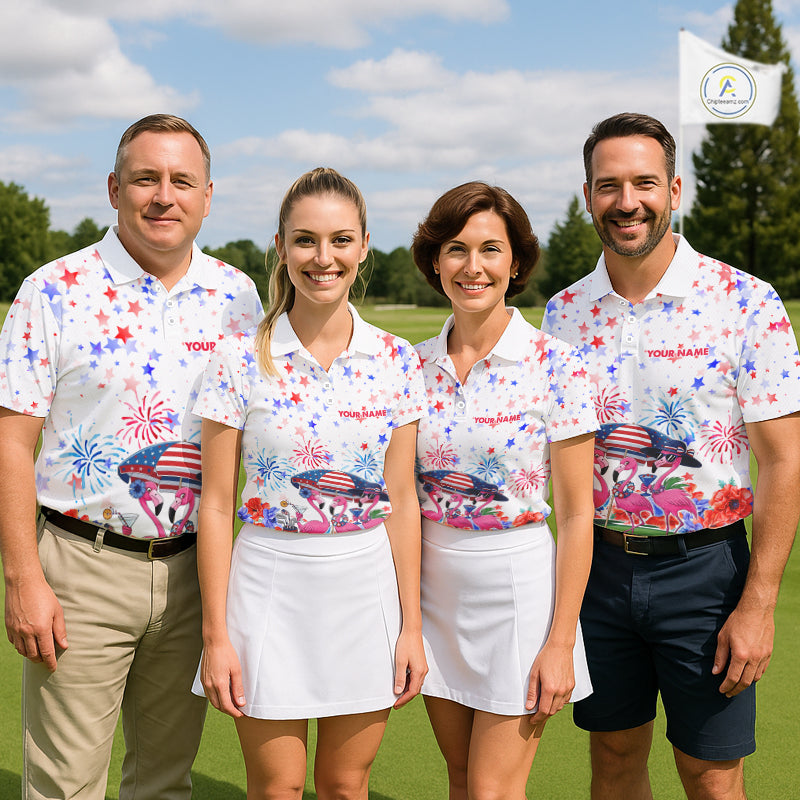 Golf team wearing matching American Flag flamingo golf polos during Independence Day tournament, personalized golf uniforms symbolizing unity, patriotism, teamwork, friendship and championship spirit.