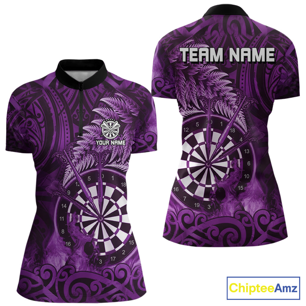 Personalized Fern Leaves Purple Fire Tribal Dart Quarter-Zip Shirts For Women Dart Team Jerseys NYN2191