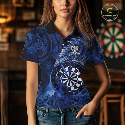 Personalized Fern Leaves Blue Fire Tribal Dart Polo Shirts For Women Dart Team Jerseys NYN2193