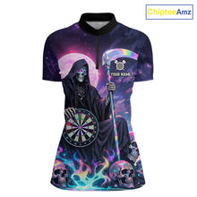 Load image into Gallery viewer, Galaxy Holographic Grim Reaper Dartboard Skull Dart 1/4-Zip Shirts For Women Custom Name For Dart Players NYN2686