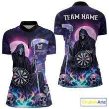 Load image into Gallery viewer, Galaxy Holographic Grim Reaper Dartboard Skull Dart 1/4-Zip Shirts For Women Custom Name For Dart Players NYN2686