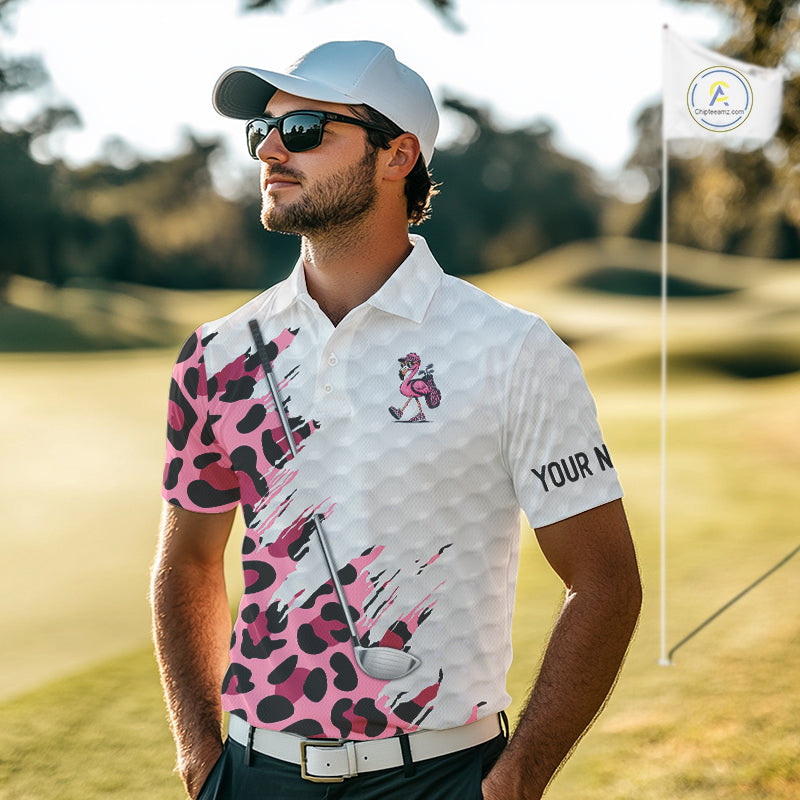Camouflage Mens Golf Polo Shirt Custom Pink Funny Flamingo Pattern White Golf Team Shirts NYN2835
