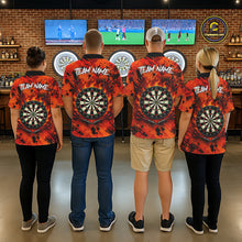 Load image into Gallery viewer, Men's dart team wearing orange fire tornado dart jerseys tournament uniforms