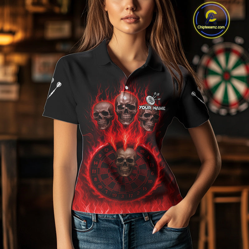 Custom Red Flames Dartboard Horror Multi Skull Dart Women Polo Jerseys Outfits Dart Shirt NYN1679