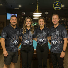 Load image into Gallery viewer, US Flag Grey Smoke Skull Bone 8 Ball Men Billiards Shirt Personalized Pool Balls Billiard Team Names NYN2688