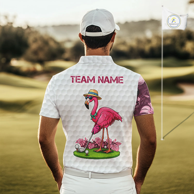 Funny Flamingo Mens Golf Polo Shirt Custom Pink And Purple Monstera Pattern White Golf Shirts NYN2841