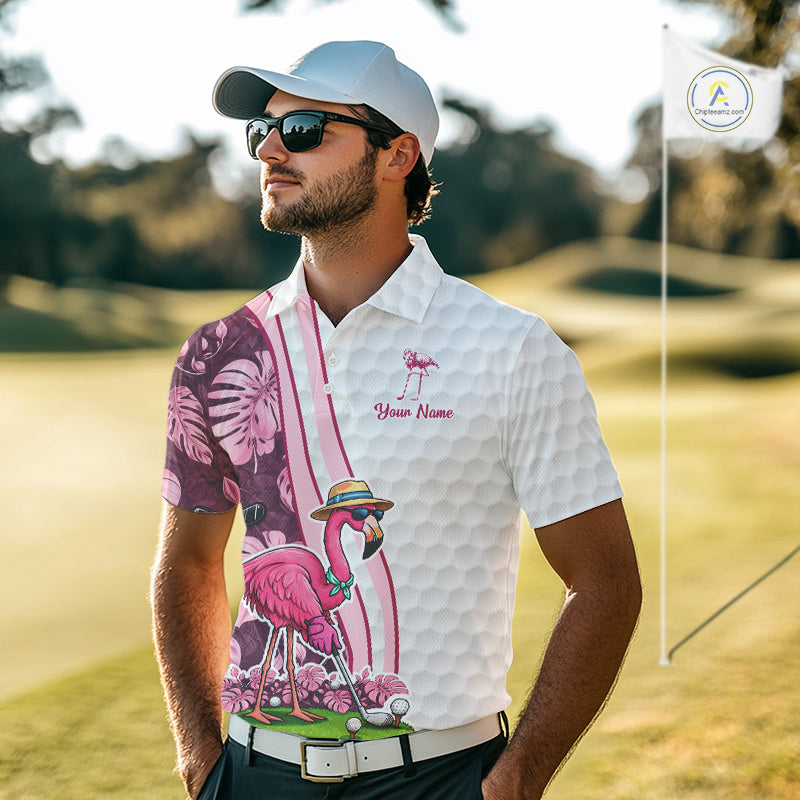 Funny Flamingo Mens Golf Polo Shirt Custom Pink And Purple Monstera Pattern White Golf Shirts NYN2841