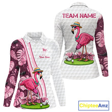 Load image into Gallery viewer, Funny Flamingo Womens Golf Polo Shirt Custom Pink And Purple Monstera Pattern White Golf Shirts NYN2841