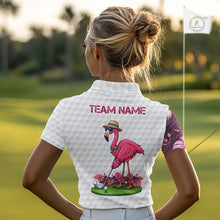 Load image into Gallery viewer, Funny Flamingo Womens Golf Polo Shirt Custom Pink And Purple Monstera Pattern White Golf Shirts NYN2841