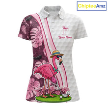 Load image into Gallery viewer, Funny Flamingo Womens Golf Polo Shirt Custom Pink And Purple Monstera Pattern White Golf Shirts NYN2841