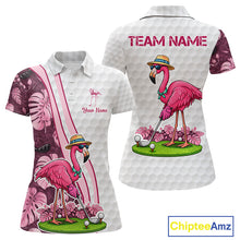 Load image into Gallery viewer, Funny Flamingo Womens Golf Polo Shirt Custom Pink And Purple Monstera Pattern White Golf Shirts NYN2841