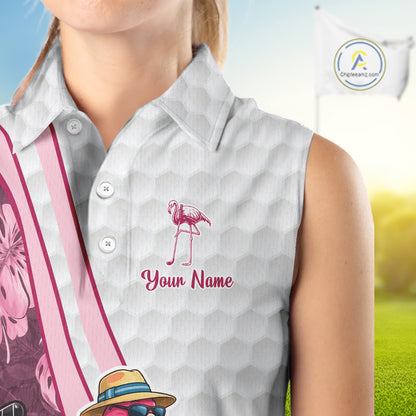 Funny Flamingo Womens Golf Sleeveless Polo Shirt Custom Pink And Purple Monstera Pattern White Golf Shirts NYN2841
