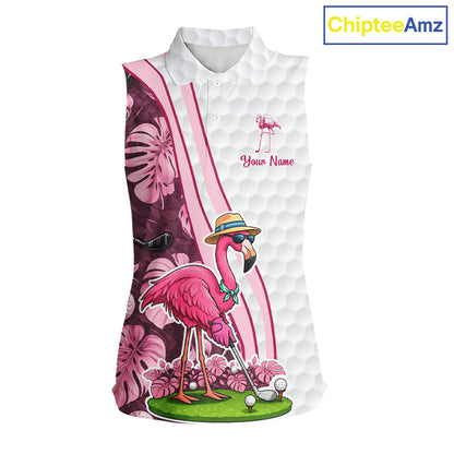 Funny Flamingo Womens Golf Sleeveless Polo Shirt Custom Pink And Purple Monstera Pattern White Golf Shirts NYN2841