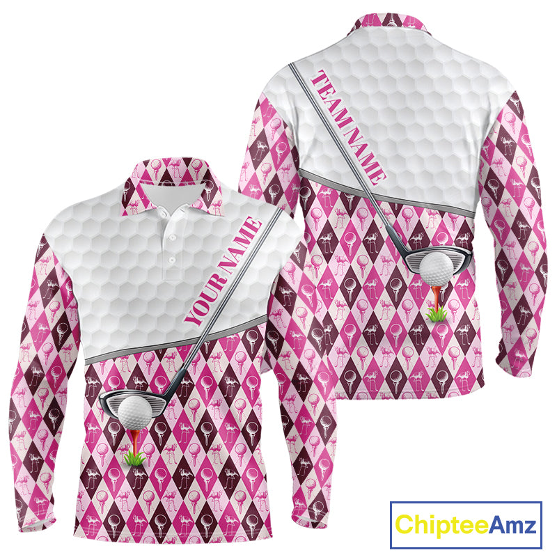 Mens Golf Polo Shirts Custom Pink Argyle And Flamingo Plaid Pattern Golf Attire For Men NYN2843