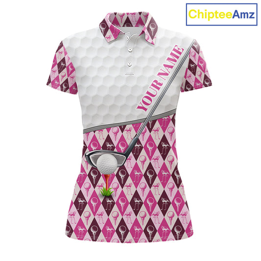 Mens Golf Polo Shirts Custom Pink Argyle And Flamingo Plaid Pattern Golf Attire For Women NYN2843