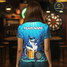 Load image into Gallery viewer, Female dart player wearing Shark Beer custom dart shirt during tournament competition