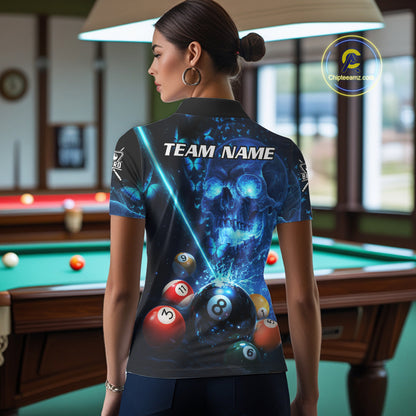 Blue Skull Thunder Pool 8 Ball Women's Billiard Polo & 1/4-Zip Shirt Custom Billiards Team Apparel NYN2491
