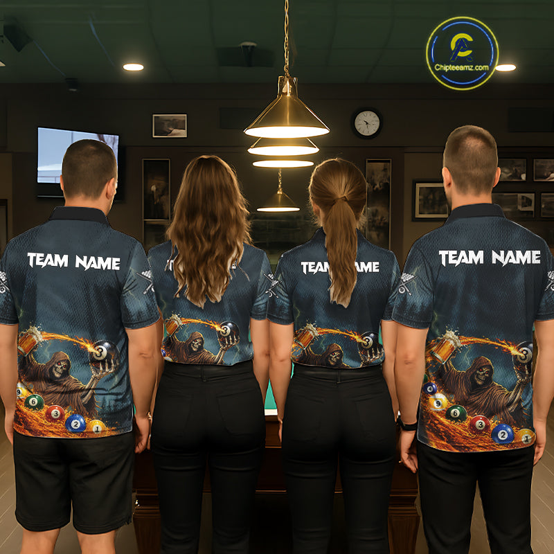 Funny Grim Reaper Play Beer & Pool 8 Ball Women's Billiard Team Shirt Custom Billiard Attire NYN2492