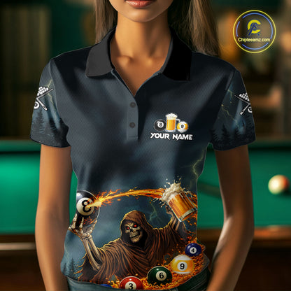 Funny Grim Reaper Play Beer & Pool 8 Ball Women's Billiard Team Shirt Custom Billiard Attire NYN2492