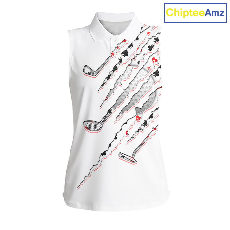 Poker Pattern Golf Sleeveless Polo Shirt For Womens Personalized White Golf Clubs Attire, Team Golf Outfit NYN2854