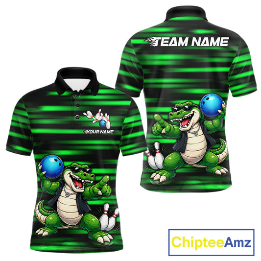 Funny Crocodile Bowling Jersey For Men Personalized Green Strike Lightning Team Bowling Attire NYN3228