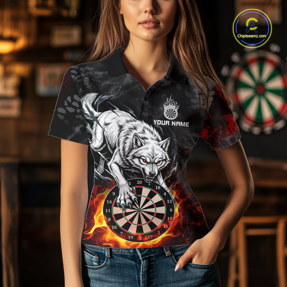 Fire Flame Funny Wolf Darts Polo & 1/4 Zip For Women Personalized Grunge Dart Team Shirts | Red NYN3236