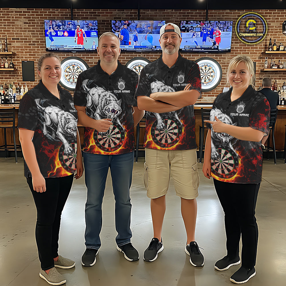 Fire Flame Funny Wolf Darts Polo & 1/4 Zip For Women Personalized Grunge Dart Team Shirts | Red NYN3236