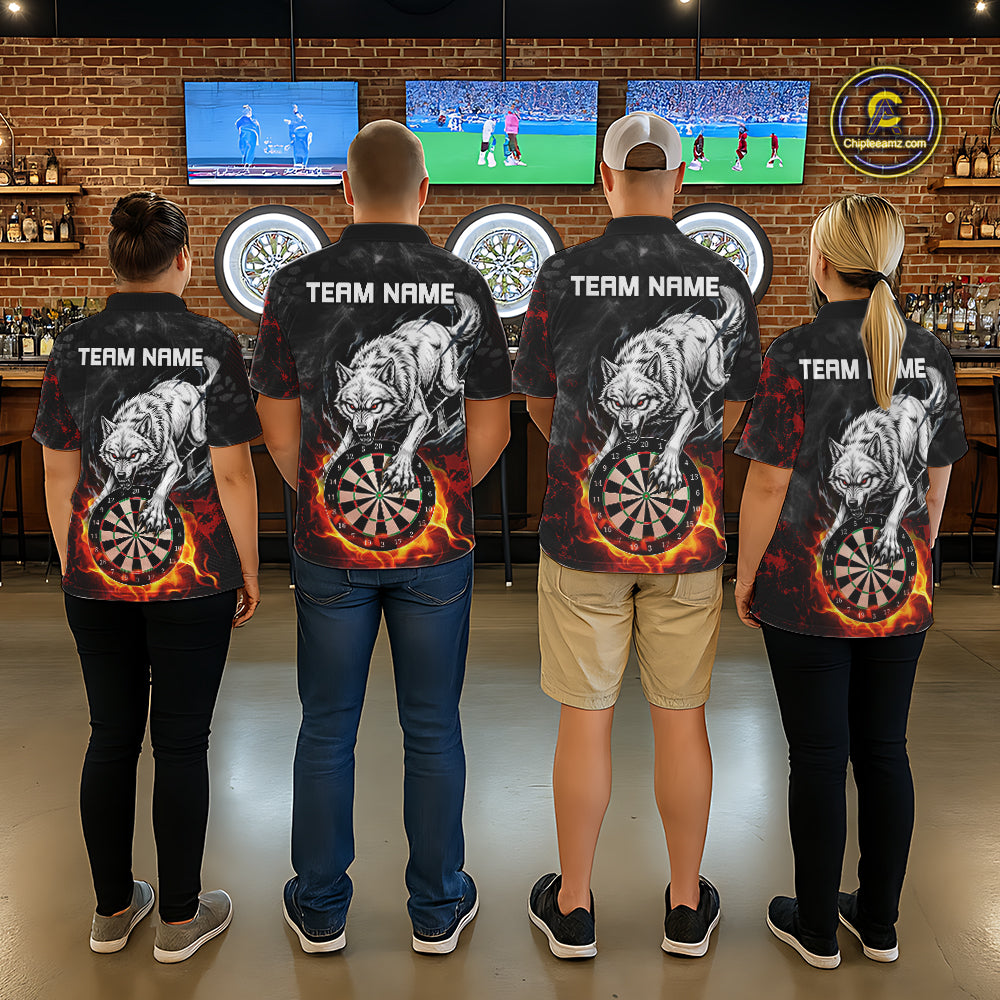 Fire Flame Funny Wolf Darts Polo & 1/4 Zip For Women Personalized Grunge Dart Team Shirts | Red NYN3236