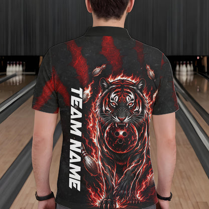 Male bowler wearing Fire Flame Tiger Red Claws bowling jersey during league and tournament competition