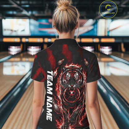 Female bowler wearing Fire Flame Tiger Red Claws bowling jersey during league and tournament competition