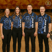 Load image into Gallery viewer, Men women bowling team wearing Fire Flame Tiger Blue Claws bowling uniforms and custom team jerseys