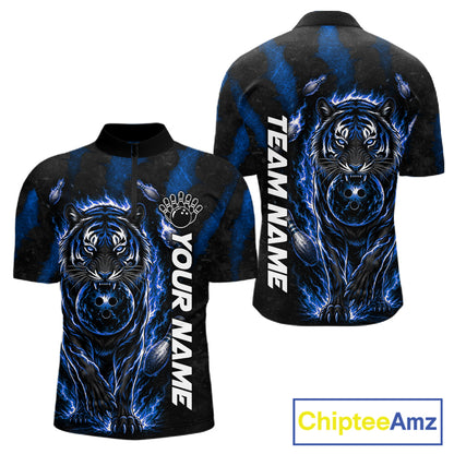 Fire Flame Tiger Blue Claws men's bowling polo shirt custom bowling team jersey, personalized bowling apparel