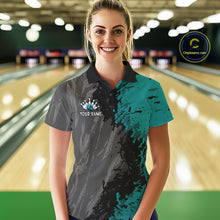 Load image into Gallery viewer, Female bowler wearing Black Grey Teal Grunge US Flag bowling jersey during league and tournament competition