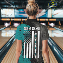 Load image into Gallery viewer, Female bowler wearing Black Grey Teal Grunge US Flag bowling jersey during league and tournament competition