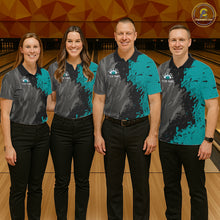 Load image into Gallery viewer, Men women bowling team wearing Black Grey Teal Grunge patriotic bowling uniforms, professional bowling team jerseys