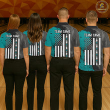 Load image into Gallery viewer, Men women bowling team wearing Black Grey Teal Grunge patriotic bowling uniforms, professional bowling team jerseys