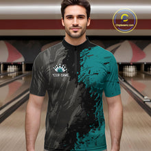 Load image into Gallery viewer, Male bowler wearing Black Grey Teal Grunge US Flag bowling jersey during league and championship bowling competition