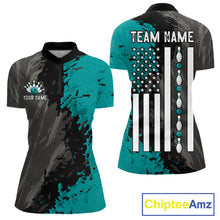 Load image into Gallery viewer, Black Grey Teal Grunge US Flag women's quarter zip bowling shirt custom patriotic bowling apparel