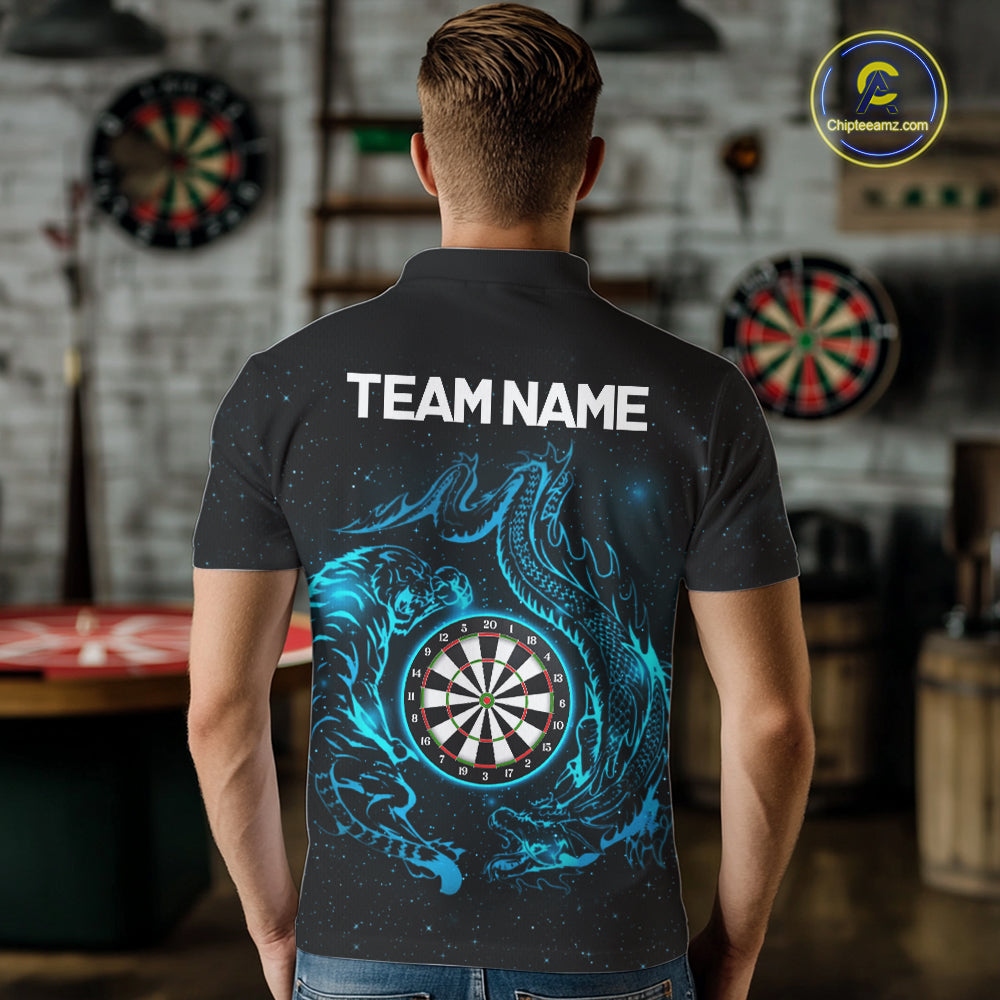 Custom Tiger And Dragon Blue Dartboard Men Darts Polo League Shirts Funny Dart Jerseys NYN2216