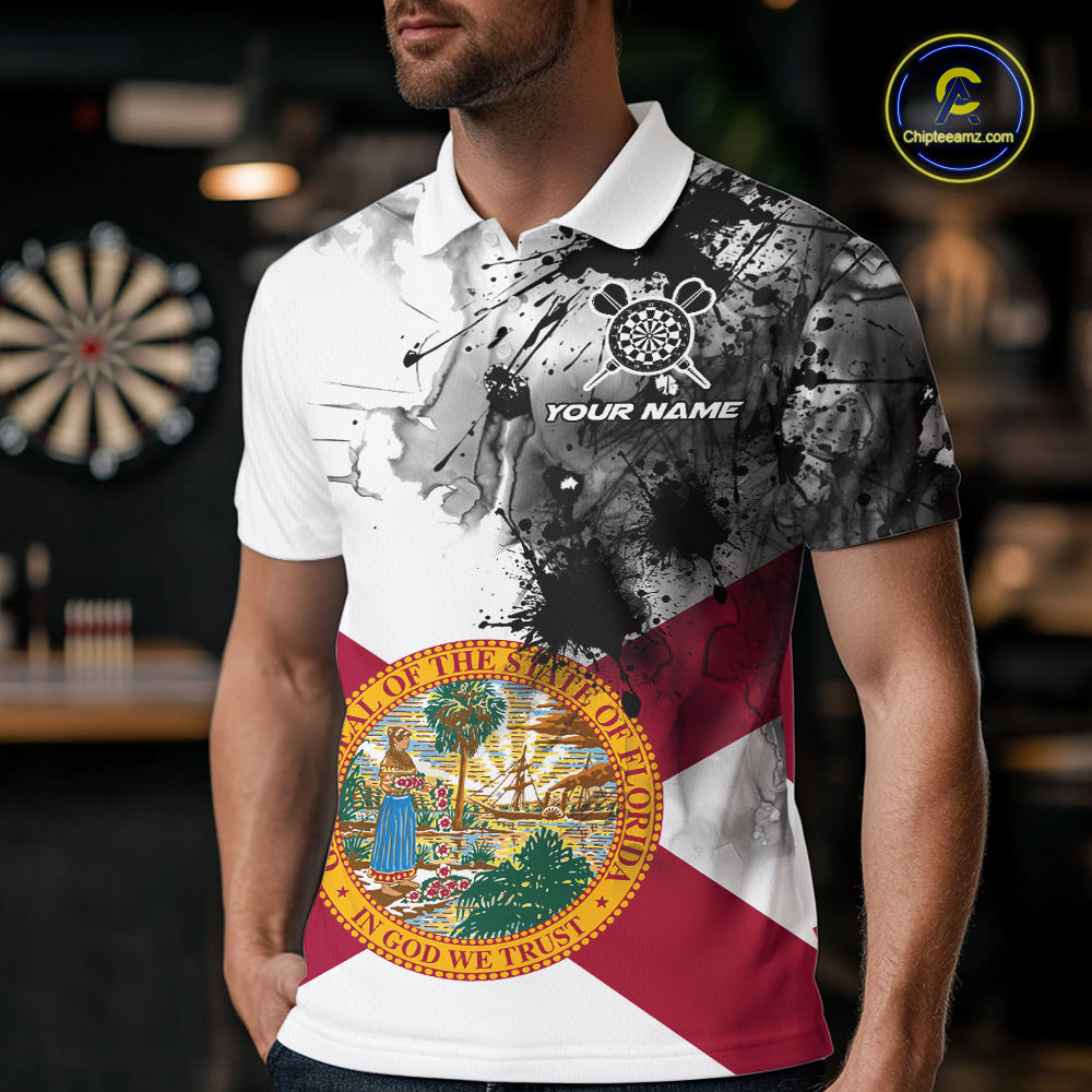 Personalized Florida Flag Black Splatter Dart Polo Shirts For Men Custom Dart Team Jerseys NYN2713