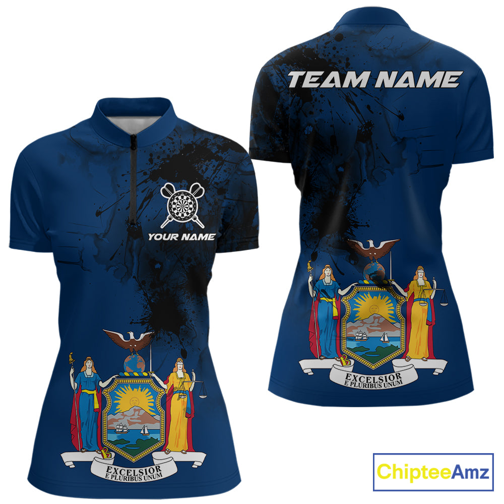 Personalized New York Flag Black Splatter Dart 1/4-Zip Shirts For Women Custom Dart Team Jerseys NYN2715