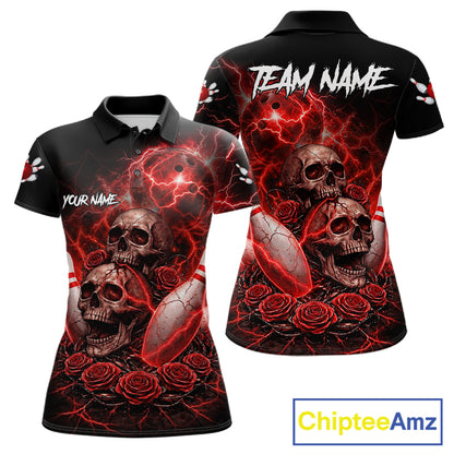 Red Strike Lightning Bowling Custom Team Shirts For Women, Skull Roses Outfit Bowling Team Jersey NYN3071