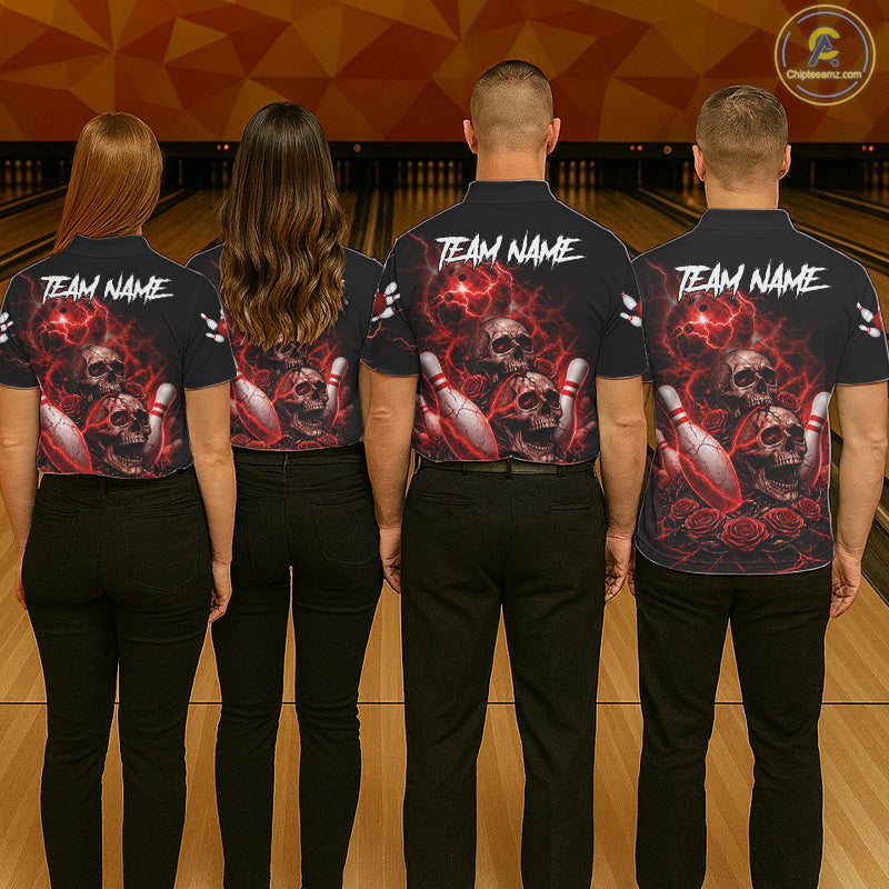 Red Strike Lightning Bowling Custom Team Shirts For Women, Skull Roses Outfit Bowling Team Jersey NYN3071