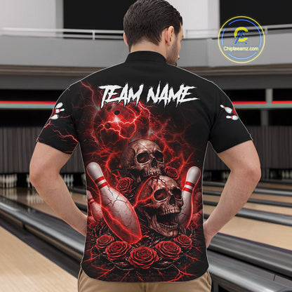 Red Strike Lightning Bowling Custom Team Shirts For Men, Skull Roses Outfit Bowling Team Jersey NYN3071
