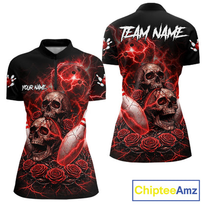 Red Strike Lightning Bowling Custom Team Shirts For Women, Skull Roses Outfit Bowling Team Jersey NYN3071