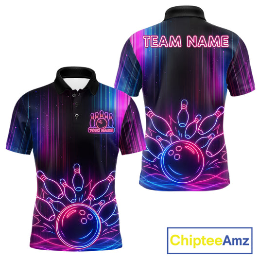 Pink And Blue Neon Lightning Bowling Polo & 1/4-Zip Shirt For Men Custom Team Bowling Jersey NYN3240