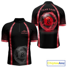 Load image into Gallery viewer, Black Red Thunder Lightning men's quarter zip billiard shirt custom 8 ball pool uniform, APA league jersey