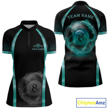 Load image into Gallery viewer, Black Teal Thunder Lightning women's quarter zip billiard shirt custom cue sports uniform, pool league jersey