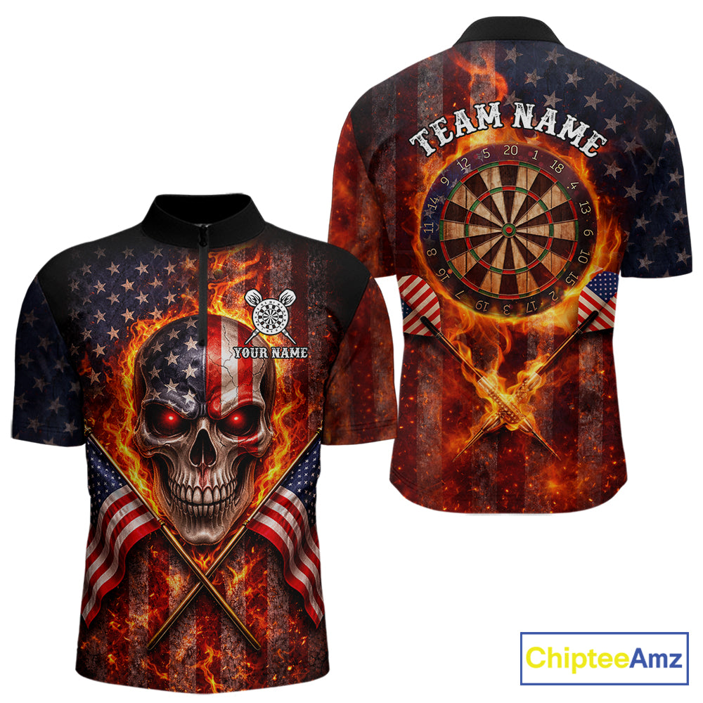 Personalized Mens Dart Polo & Quarter Zip Shirt Fire Flame US Flag Darts Jersey Skull Dart Attire NYN2866